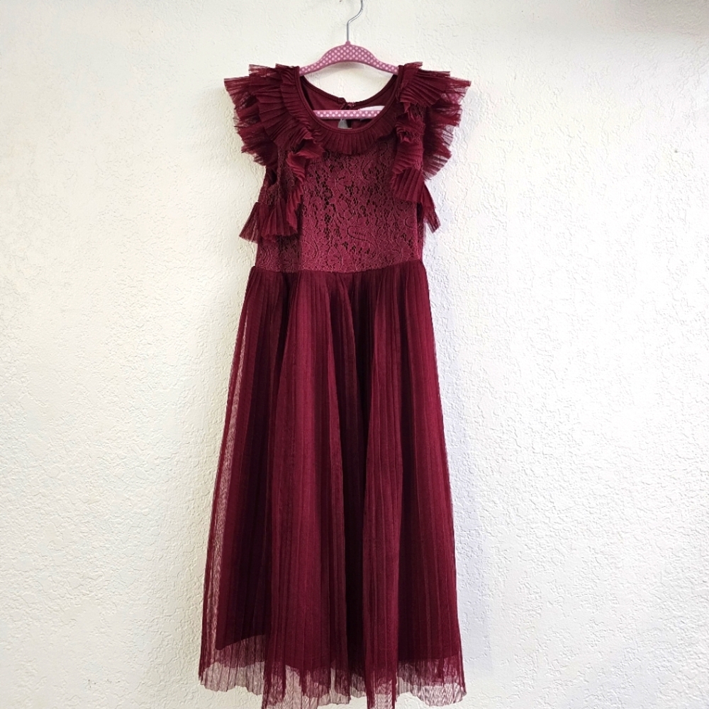 Nanette Burgundy Lace Ruffle Pleated Dress 6x